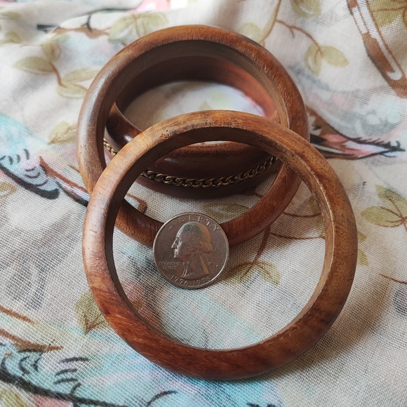 Bohemian Boho Set of 3 Wood Wooden Bangle Bracelets Made in India Chain Accent - Picture 8 of 8